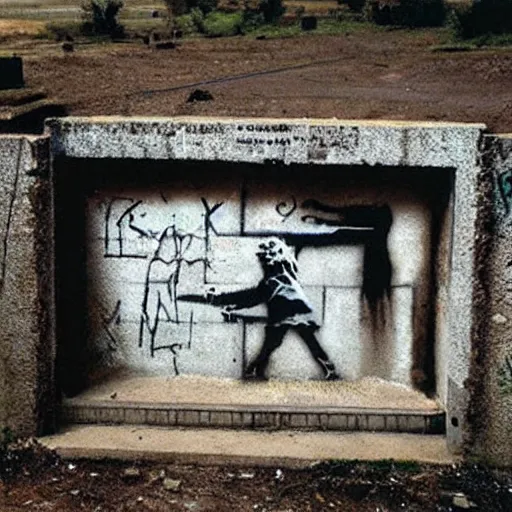 Image similar to banksy graffiti on cursed ancient anunnaki black cube tomb, 1 9 9 9 aesthetic