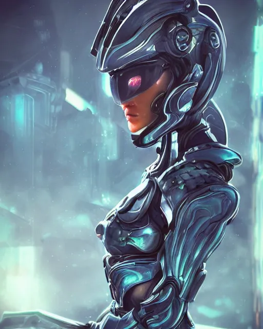 Image similar to perfect aidra fox, warframe armor, beautiful, dreamy, pretty face, blue eyes, portrait, bright light, scifi, utopian architecture in the background, laboratory, ultra realistic, intricate, glow, cinematic, extreme details, focused, masterpiece, art by seunghee lee, blair armitage