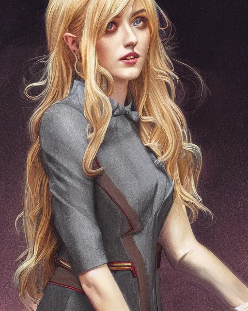 Image similar to katherine mcnamara wearing a golden dress, grey hair, red necktie, cinematic, stunning, highly detailed, digital painting, artstation, smooth, hard focus, full body shot, illustration, art by artgerm and greg rutkowski and alphonse mucha