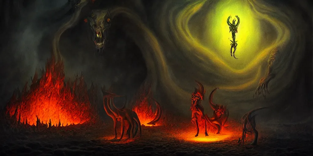 Image similar to mythical creatures and monsters at the mouth of hell, dramatic lighting glow from giant fire, in a dark surreal painting by ronny khalil