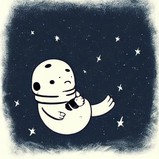 Image similar to terrified baby harp seal astronaut floating alone in deep space, black bacgkground with scattered stars, lonely, scary, atey ghailan, goro fujita, studio ghibli, ominous, dark lighting, clear focus, very coherent,