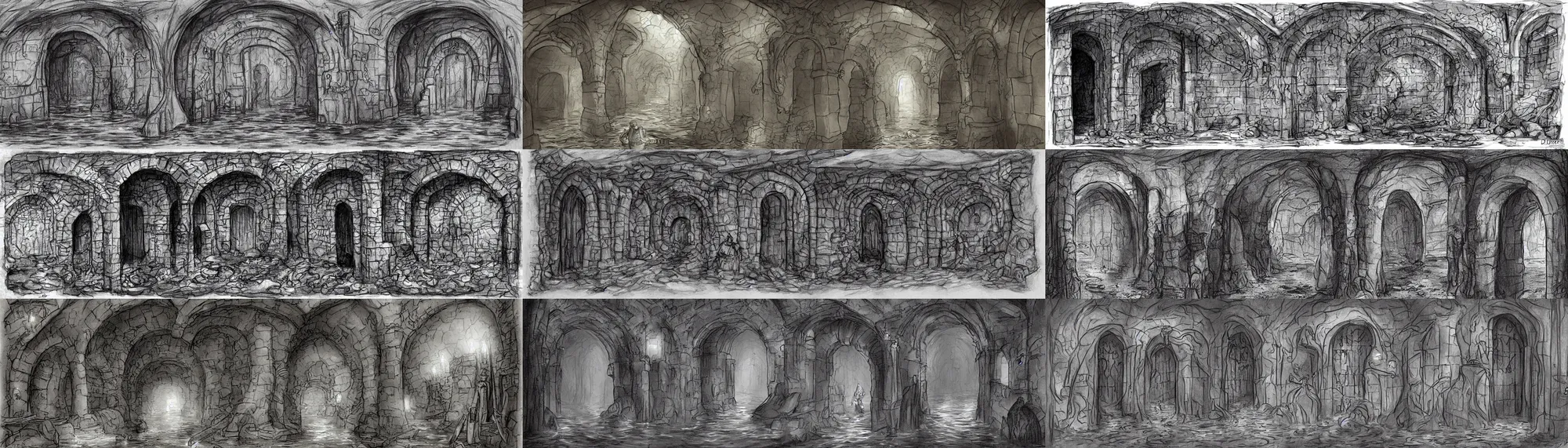 Prompt: door leads from the flooded sewer tunnels to the basement. fantasy art, underground, stream, musty, damp, sewage, darkness, water fall, underground, catacombs, abandoned spaces, torchlight. sketch art earthdawn campaign setting. myth drannor. parlainth. d & d.