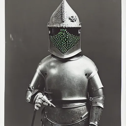 Prompt: a knight wearing a frog helmet, film still, arriflex 3 5