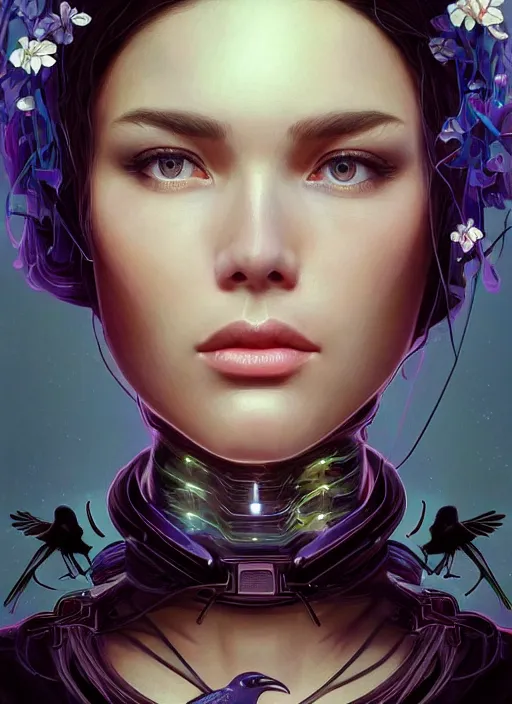 Prompt: beautiful young woman, gorgeous face, flowers over her eyes, ravens in the background, bladerunner city landscape, cybernetic, wires, technology, vaporwave aesthetic, synthwave, intricate, elegant, highly detailed, digital painting, artstation, concept art, smooth, sharp focus, illustration, art by artgerm and greg rutkowski and alphonse mucha