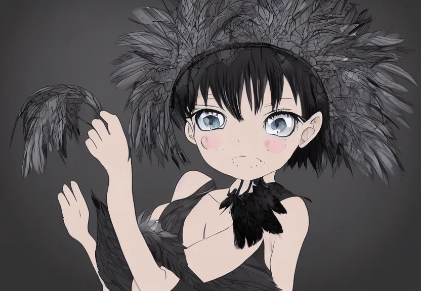 Image similar to little girl with a short black haircut wearing a dress made of black feathers, artwork in the anime style, realistic dark, anatomically perfect