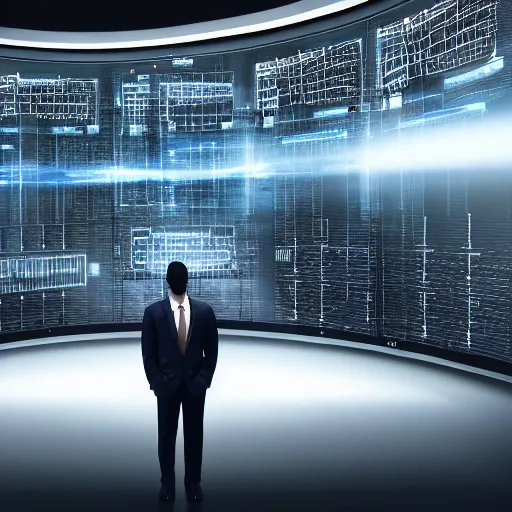 Prompt: a man in gray corporate suit standing in dark in front of supercomputer with many monitors and displays, on one of the monitors the skynet logo, photorealistic, highly detailed, 4 k, hd