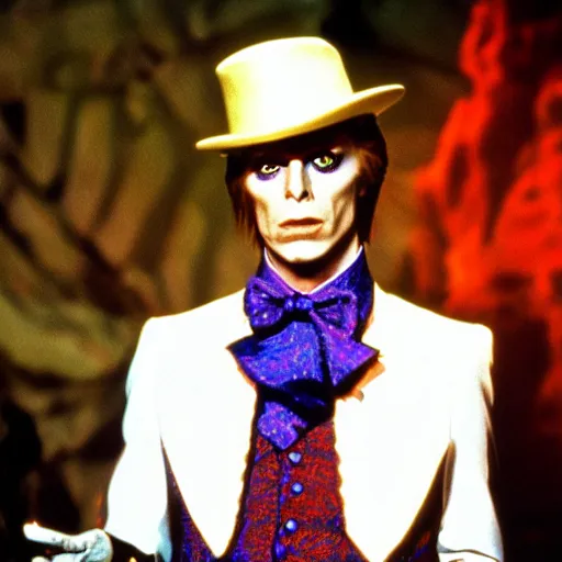 Prompt: stunning awe inspiring David Bowie as Willy Wonka 8k hdr movie still amazing lighting