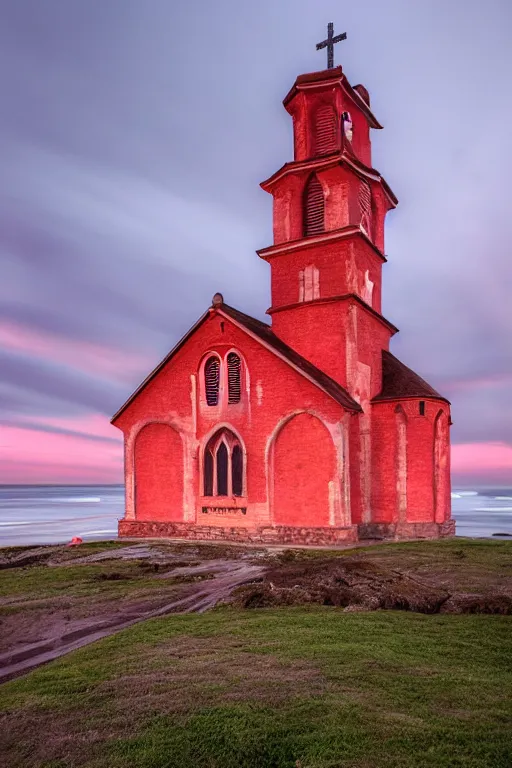 Prompt: buliding design by ricardo bofil, function is church ， red ， dusk seaside ， photography ， 8 k