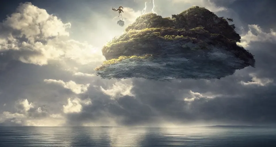 Image similar to A magnificent floating island in the sky above the sea, defying gravity, floating and flying island, epic lighting, epic composition, highly detailed