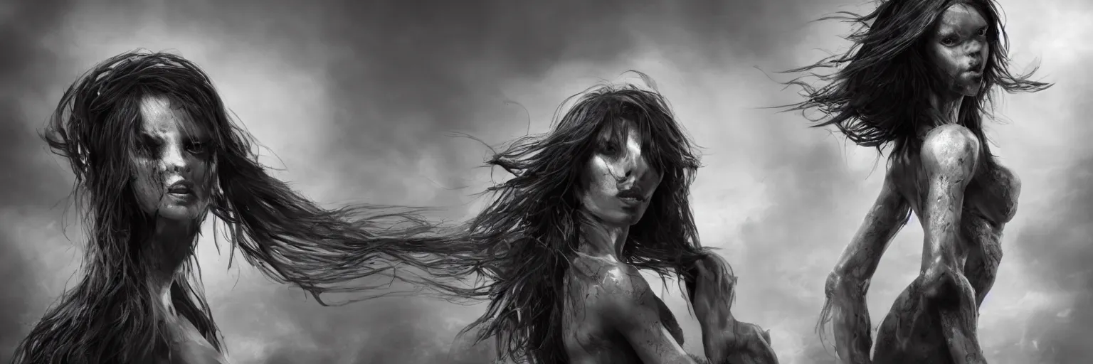 Image similar to epic fantasy render of a beautiful skinny woman body, dark hairs, black and white, highly detailed, cinematic, hyperrealism, dynamic lighting, cgsociety