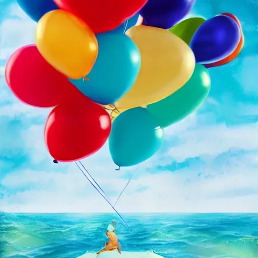 Image similar to plenty of floating birthday balloons. beautiful sea. digital art, highly - detailed, artstation cgsociety masterpiece