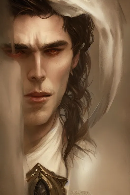 Prompt: up close portrait of a beautiful male vampire, d & d, face, fantasy, intricate, elegant, highly detailed, digital painting, artstation, concept art, smooth, sharp focus, illustration, art by artgerm and greg rutkowski and alphonse mucha