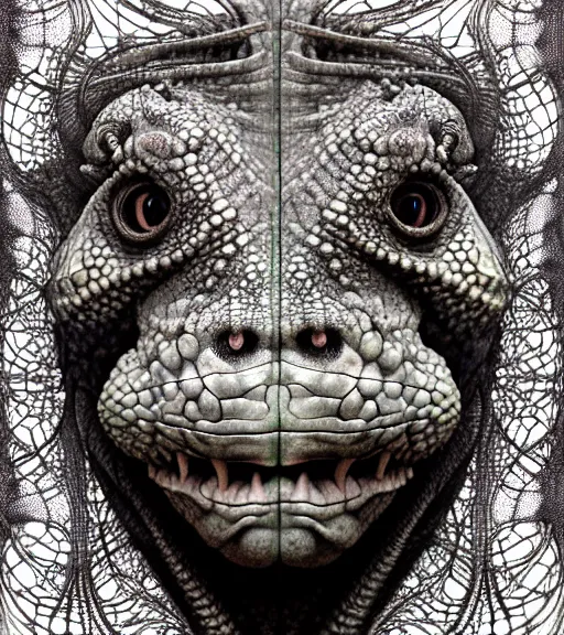 Image similar to detailed realistic beautiful iguana goddess face portrait by jean delville, gustave dore, iris van herpen and marco mazzoni, art forms of nature by ernst haeckel, art nouveau, symbolist, visionary, gothic, neo - gothic, pre - raphaelite, fractal lace, intricate alien botanicals, ai biodiversity, surreality, hyperdetailed ultrasharp octane render