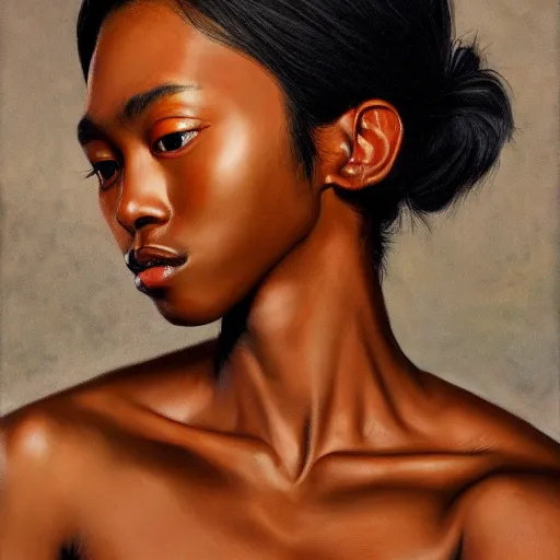 Image similar to A portrait of a skinny trendy and gorgeous non-binary person, dark skin tone, Asian, oil painting, majestic, detailed, high resolution