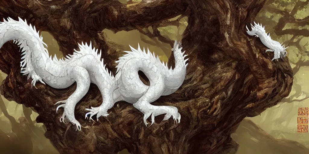 Image similar to a white chinese dragon lie on a old tree by yang qi 9 1 7, 4 k, matte paint, concept art, sharp detail, artstation