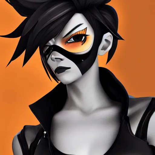 Prompt: digital artwork of tracer from overwatch wearing a black outfit, black lipstick and black eye makeup, 4 k, highly detailed artwork