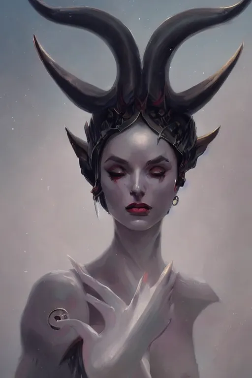 Image similar to a digital painting of a woman with horns on her head, concept art by peter mohrbacher, featured on cgsociety, fantasy art, cosmic horror, artstation hd, dark and mysterious