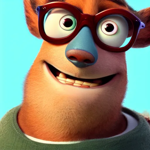 Prompt: close up portrait of a nerd guy happily announce new video, Pixar's Up character, 3D render,youtube thumbnail,flat green screen background,high resolution, high quality, detailed, zootopia, cgsociety,artstation, deviantart