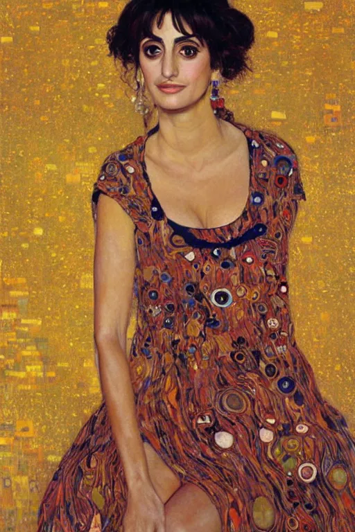 Image similar to oil painting, portrait of penelope cruz, artwork by gustav klimt