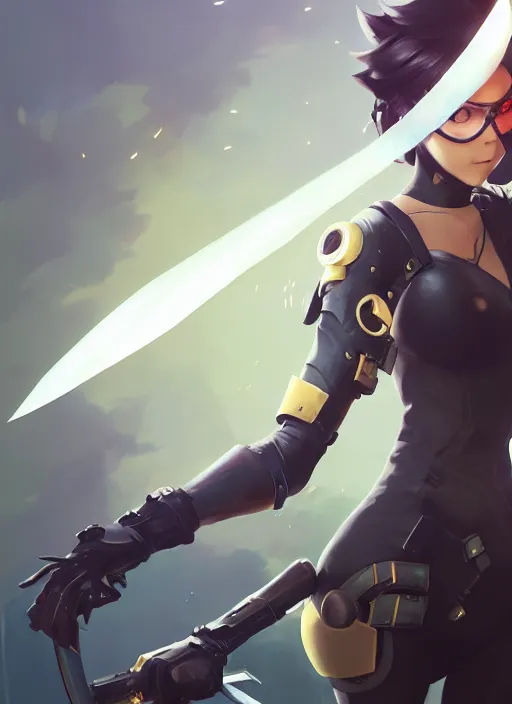 Image similar to highly detailed portrait tracer from overwatch as 2 b nier automata holding a sword, unreal engine, fantasy art by greg rutkowski, loish, rhads, makoto shinkai and lois van baarle, ilya kuvshinov, rossdraws, tom bagshaw, global illumination, radiant light, detailed and intricate environment