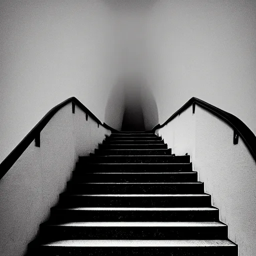 Image similar to black and white surreal photograph, highly detailed vast space made of stairsteps, sideview, detailed textures, natural light, mist, architecture photography, film grain, soft vignette, sigma 1 4 mm f / 1. 4 1 / 1 0 sec shutter, imax 7 0 mm footage