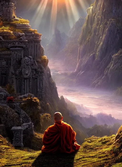 Prompt: a cosmic monk in lord of the rings scenery landscape, looking out at a big tiberian temple complex on a mountain, vast lush valley at sunrise, river, god's rays, highly detailed, vivid color, cinematic lighting, perfect composition, 8 k, gustave dore, derek zabrocki, greg rutkowski, belsinski, octane render