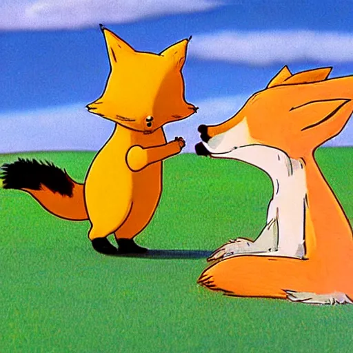 Prompt: the little prince talking to the fox, art by tim burton, animation shot