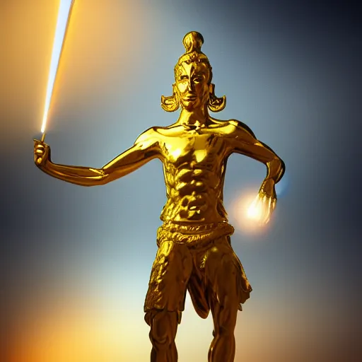 Image similar to a golden yogi man, tarot card, sharp focus, volumetric lighting, trending on artstation, 8k, by caravaggio