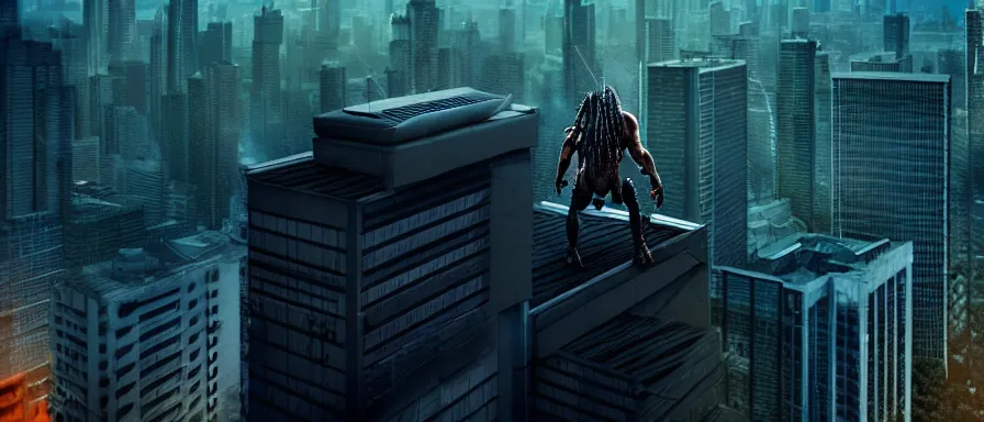 Image similar to predator from movie standing on rooftop , epic view, high quality image, CG graphics, long shot, denoise, deep depth of field, cinematic lighting
