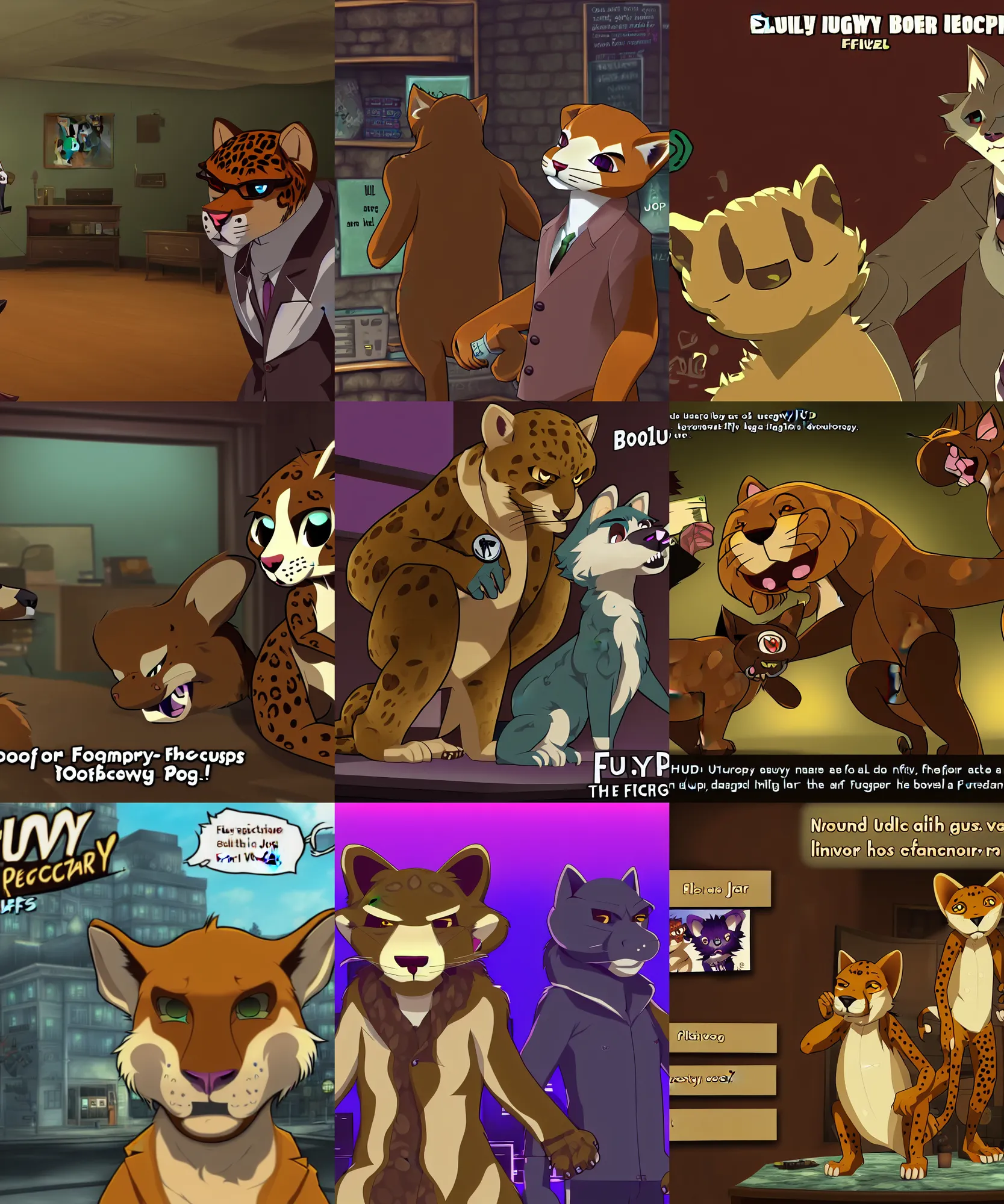 Prompt: furry - jaguar - detective - fursona uhd ue 5 visual novel pc game screenshot : mystery of the booped snout