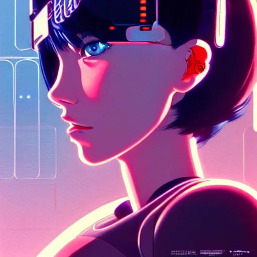 Image similar to side portrait scifi cyborg girl with robotic parts and spacesuit | | head only in center of image, audrey plaza, fine detail!! anime!! realistic shaded lighting!! poster by ilya kuvshinov katsuhiro otomo ghost - in - the - shell, magali villeneuve, artgerm, jeremy lipkin and michael garmash and rob rey