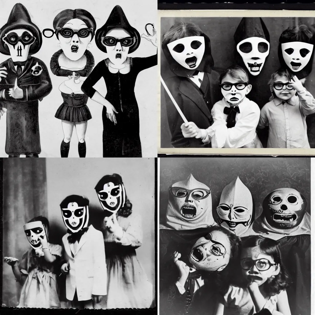 Prompt: photograph of three little boys wearing terrifying occult masks next to two seductive scared curvy women with glasses crying and pointing at the kids
