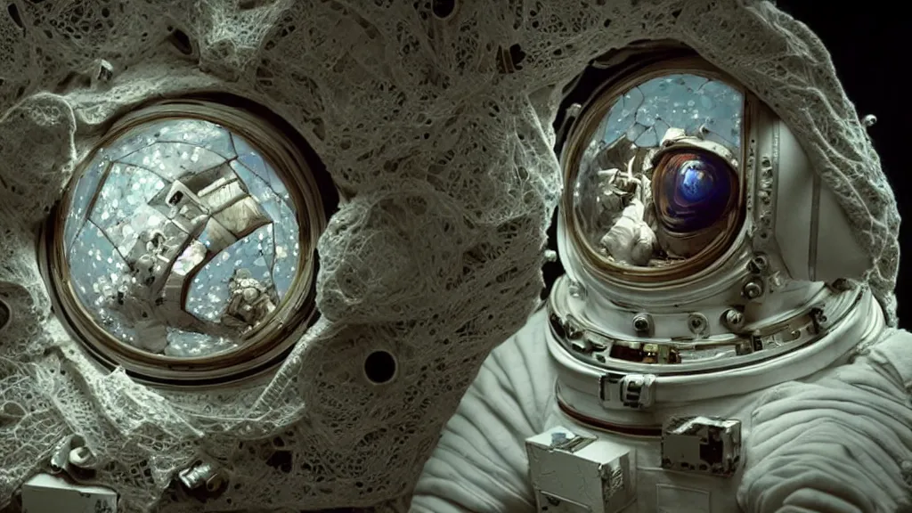 Image similar to a single astronaut eva suit interwoven with diamond 3d fractal lace iridescent bubble 3d skin and covered with insectoid compound eye camera lenses floats through the living room, film still from the movie directed by Denis Villeneuve with art direction by Salvador Dalí, wide lens,