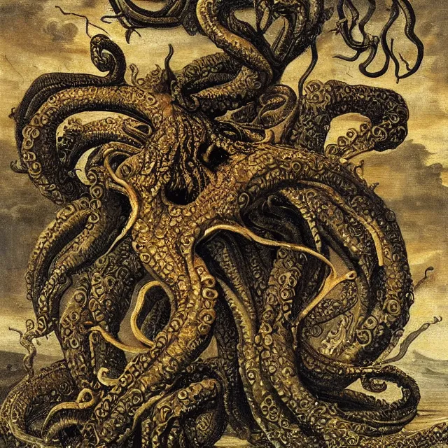 Prompt: a cthulhu monster, flemish baroque painting by jan van kessel the younger, black background, intricate high detail masterpiece