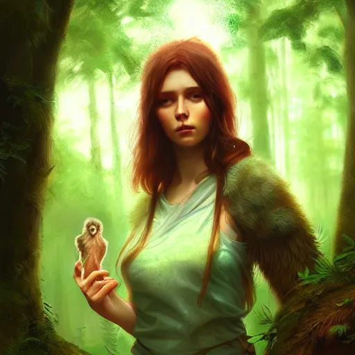 Prompt: a pretty female druid surrounded by forest animals, in the woods, hyper realistic, digital painting, photorealistic, in the style of greg rutkowski, highly detailed