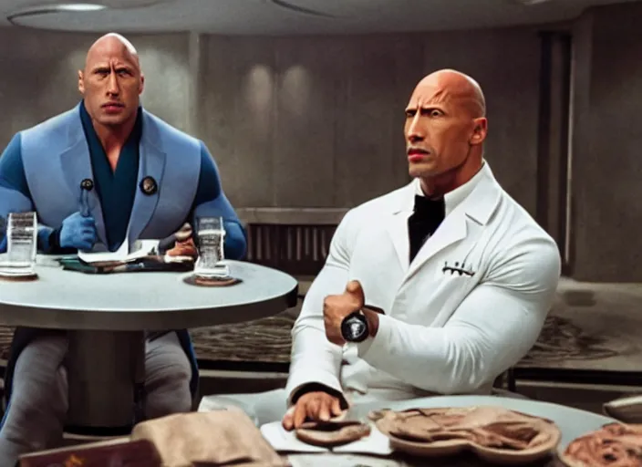 Prompt: film still of Dwayne Johnson as Doctor Evil sitting at the round metal table from Austin Powers