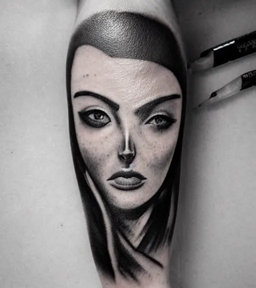 Prompt: amazing blend effect of beautiful mountain scenery with a beautiful woman face, tattoo design sketch, hyper - realistic, in the style of matteo pasqualin, amazing detail, black and white, abstract