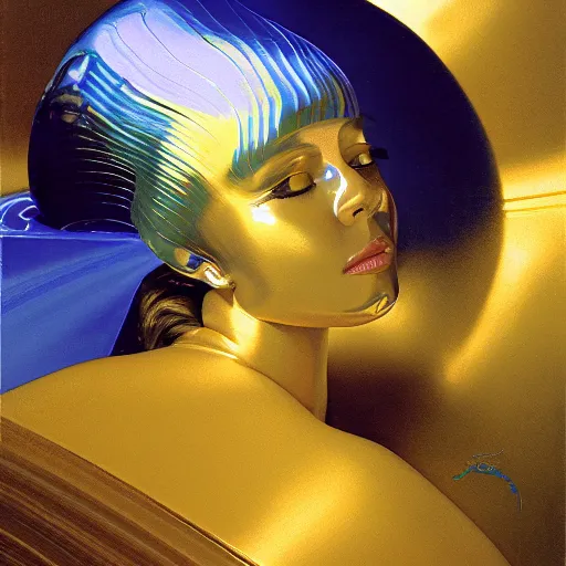 Prompt: a chrome woman's face in flowing sheets of cobalt blue gold chrome silver satin mirror foil, by moebius syd mead roger dean wojciech siudmak donato giancola yoshitaka amano ivan aivazovsky jan de heem pieter claesz paul delaroche alma tadema aelbert cuyp, hyperrealistic volumetric light render