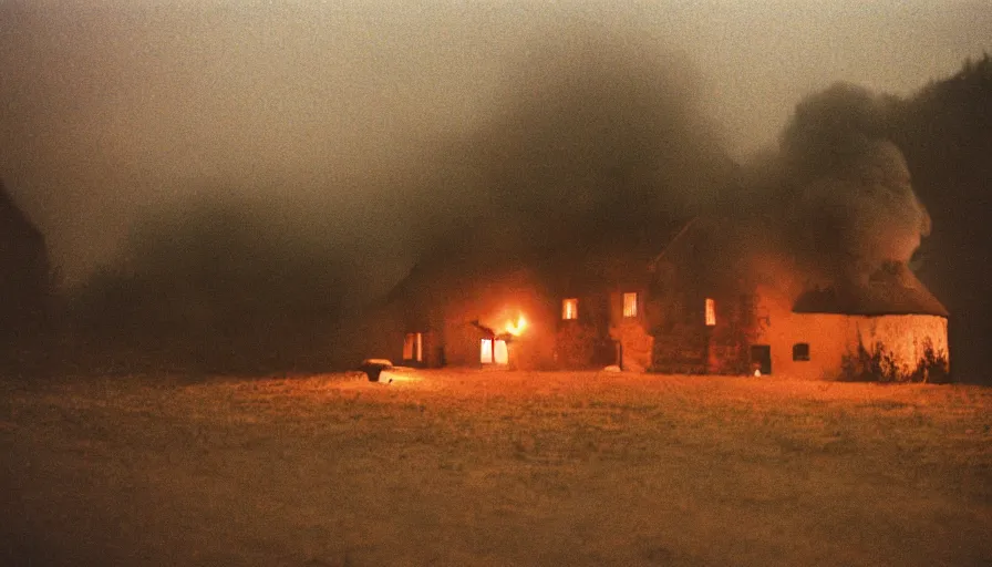 Image similar to 1 9 7 0 s movie still of a heavy burning french style little house in a small north french village by night, rainy, foggy, in winter, cinestill 8 0 0 t 3 5 mm, heavy grain, high quality, high detail, dramatic light, anamorphic, flares