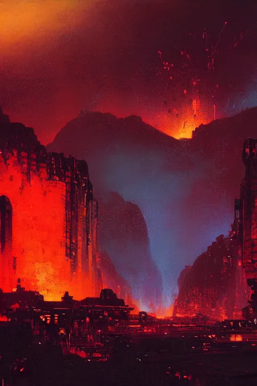 Image similar to a cyberpunk city in the crater of a volcano, lava flowing, smoke, fire, neon, industrial, by paul lehr