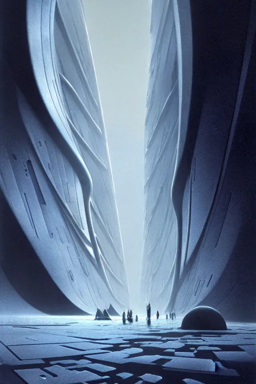 Image similar to emissary space by author haas and bruce pennington and john schoenherr, cinematic matte painting on planet hoth, zaha hadid building, 8 k, dark moody monochrome color palate