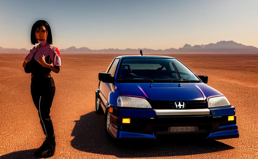 Image similar to photograph of a cell-shaded Honda EK9 Type-R with a techwear woman , on a desert road with a futuristic city in the horizon, one point perspective, 1-point perspective, tilt shift, sigma 85mm f/1.4, 4k, depth of field, high resolution, 4k, 8k, hd, full color