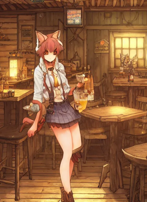 Image similar to anthro coyote fursona barmaid in a cozy tavern, hidari, color page, tankoban, 4K, tone mapping, Akihiko Yoshida.