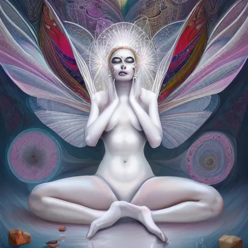 Prompt: beautiful painting of a white moth goddess in her palace in the style of Prateep Kochabua, Leonora Karrington, Welder Wings, Hervé Scott Flament, neosurreal digital art, detailed, trending on Artstation