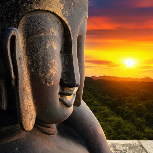 Image similar to a beautifully detailed wide angle oil painting of a sitting thai buddha statue in front of a thai temple with a gorgeous sunrise, trending on artstation