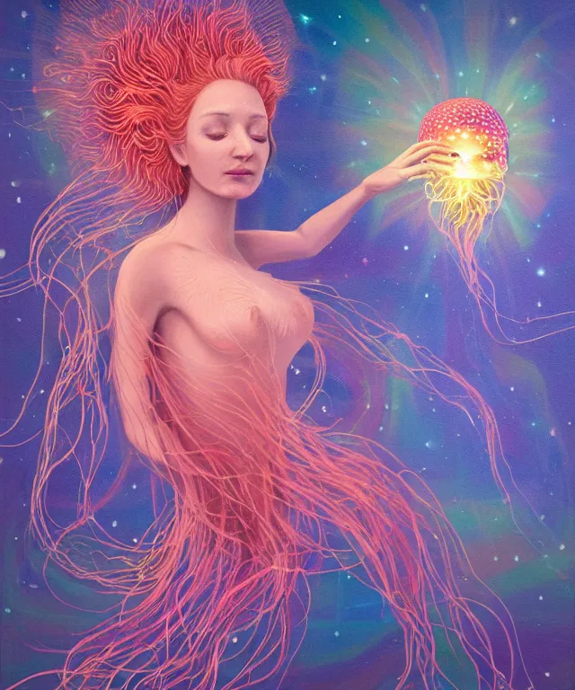 Image similar to portrait of a levitating floating in space goddess mermaid with (reaction diffusion) scaled fish skin Bioluminescent phoenix jellyfish, phoenix fire, chimera, energy rays, Her breath shot a haze of steam out into the frosty morning air concept, soft light, soft mood, realistic body features and face, illustration,intricate ornament halo, painting oil on canvas by Elena Zhurikhina and Goro Fujita and Charlie Bowater, octane render trending on artstation, 4k, 8k, HD