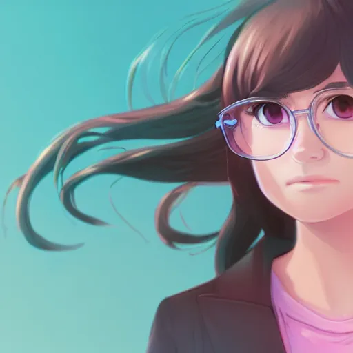 Prompt: portrait of a young teenage girl, light brown long wavy hair, clear blue eyes, pink glasses, in the style of makoto shinkai and artgerm and loish, dynamic lighting,