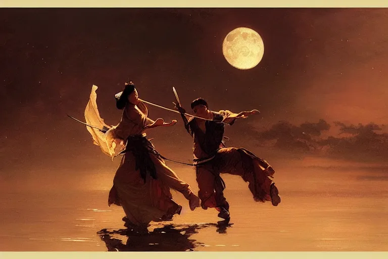 Image similar to wuxia, moon, river, night, painting by gaston bussiere, craig mullins, j. c. leyendecker