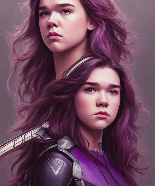 Prompt: Hailee Steinfeld as Kate Bishop and Florence Pugh as Yelena Belova, Marvel, Hawkeye, Black Widow, blush, intricate, face, elegant, purple mist, highly detailed, digital painting, artstation, concept art, matte, sharp focus, illustration, art by Artgerm and Greg Rutkowski and Alphonse Mucha