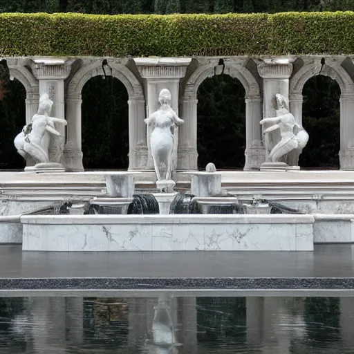 Prompt: an infinite expanse of marble fountains of differing design with occasional bronze figures in some of the fountains, empty scene with no people, no animals, no plants